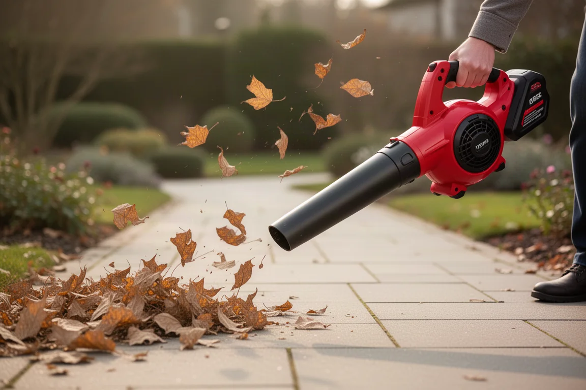Handheld cordless blower clearing leaves from a paved walkway