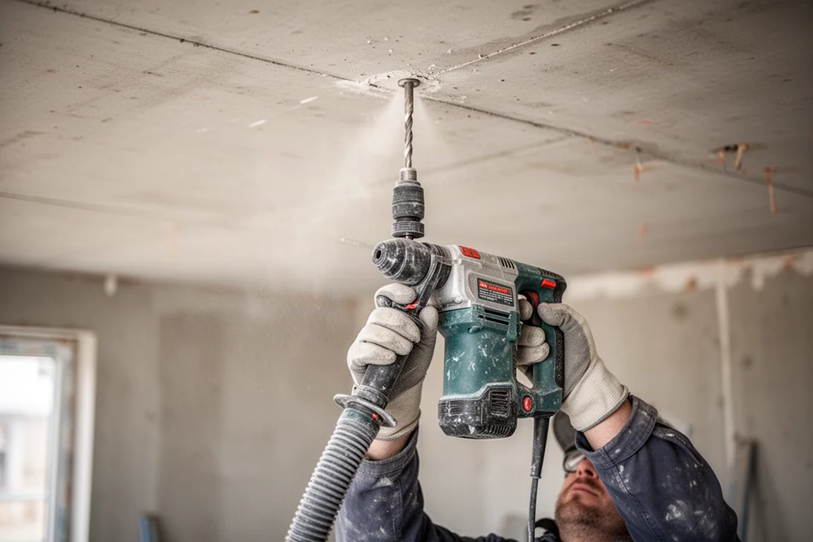 Worker drilling overhead into concrete with a compact rotary hammer