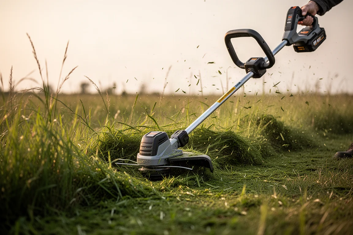 String trimmer cutting a wide swath through tall grass