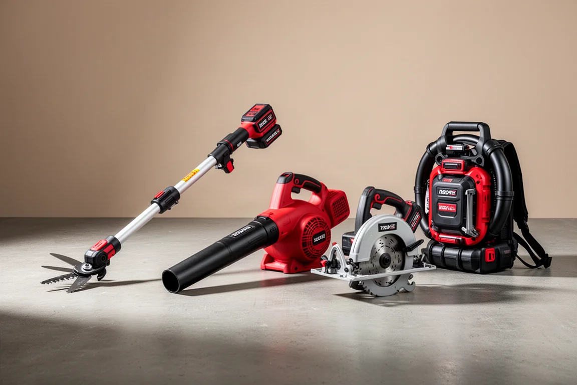Milwaukee cordless tools lined up on a concrete workshop floor