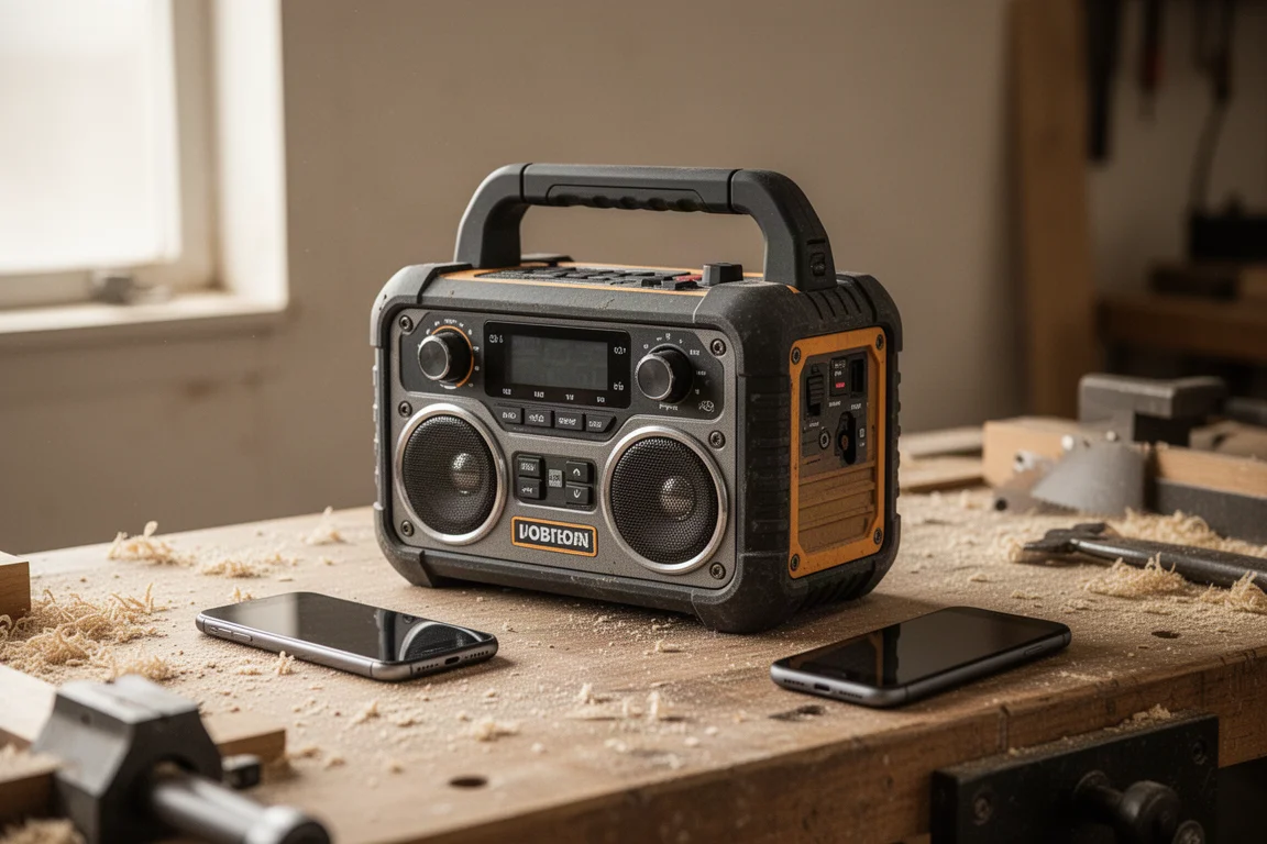 Radio para obra reproduciendo música sobre un banco de trabajo con un dispositivo Bluetooth cerca