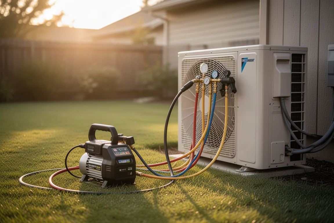 Bomba de vacío de un técnico de HVAC conectada a líneas de refrigerante en exteriores