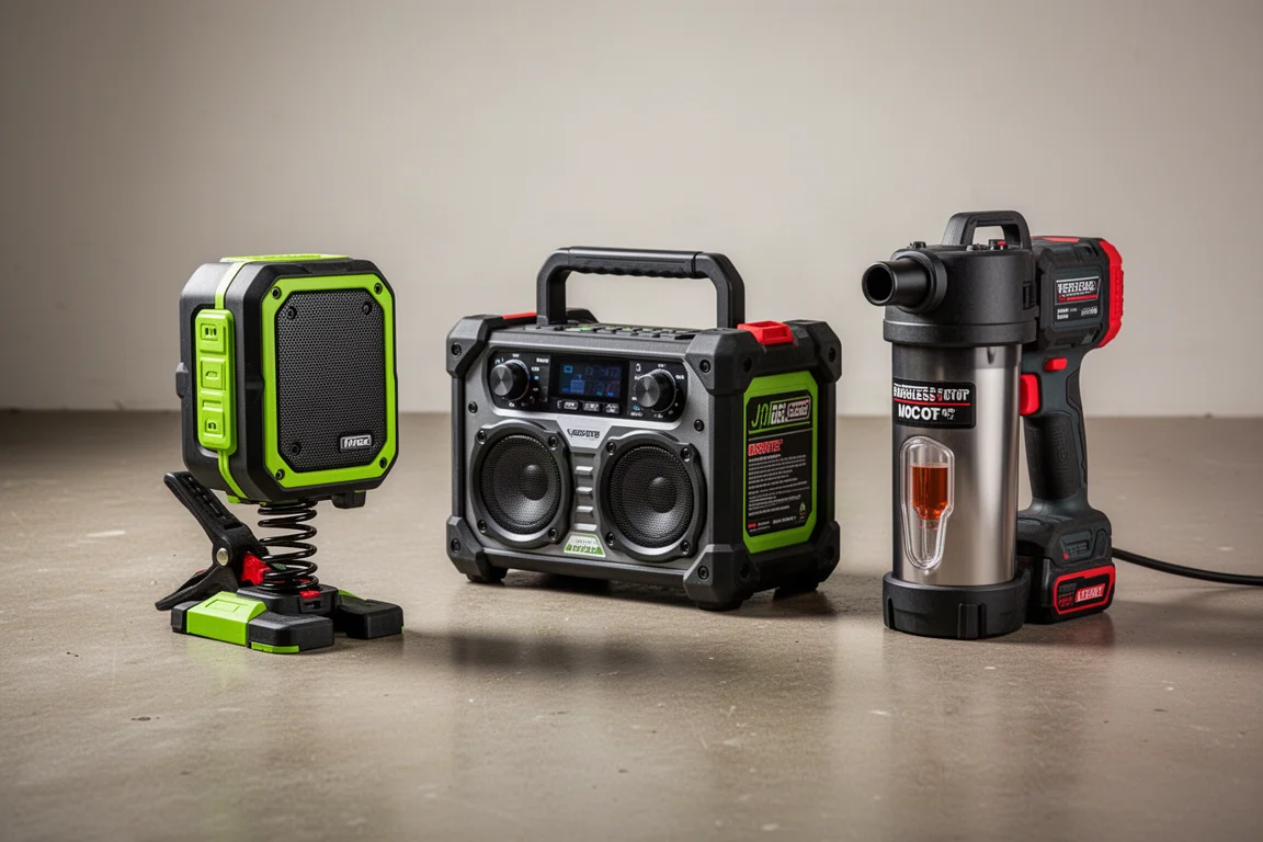 Ryobi clamp speaker, Ridgid jobsite radio, and Milwaukee vacuum pump arranged on concrete