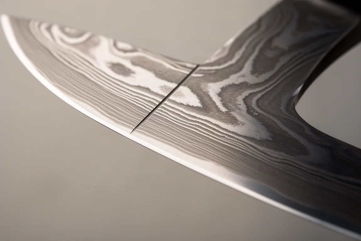 Damascus steel kitchen knife blade showing layered pattern in soft light