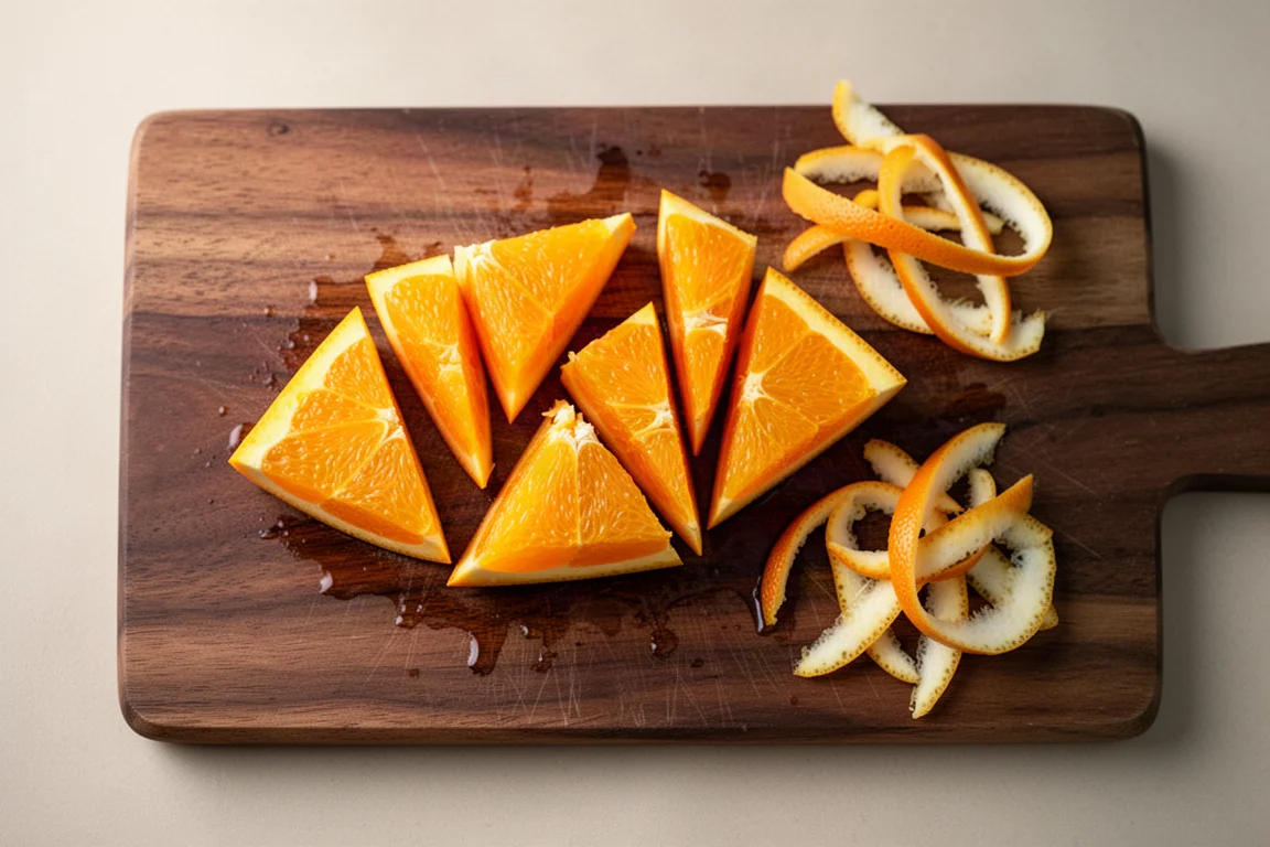 Precision knife cuts on fresh orange segments on a wooden board