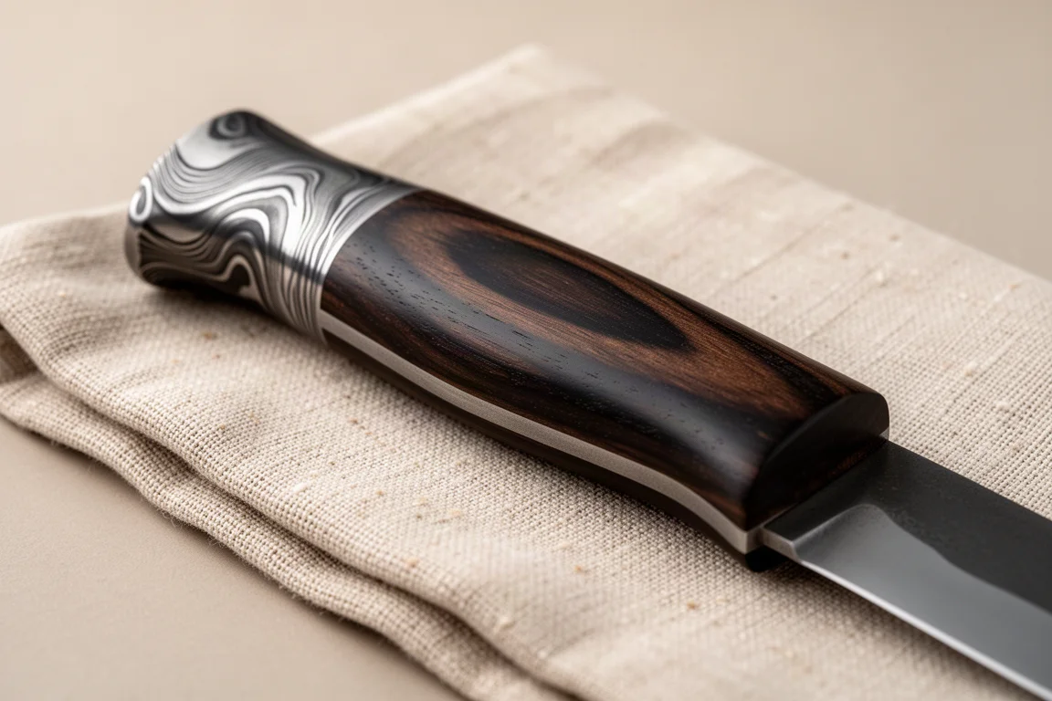 Dark blackwood knife handle with sculpted metal ferrule resting on linen