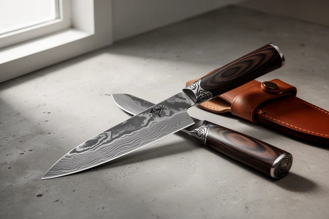 Damascus single bevel kitchen knife with dark wooden handle and leather sheath on concrete