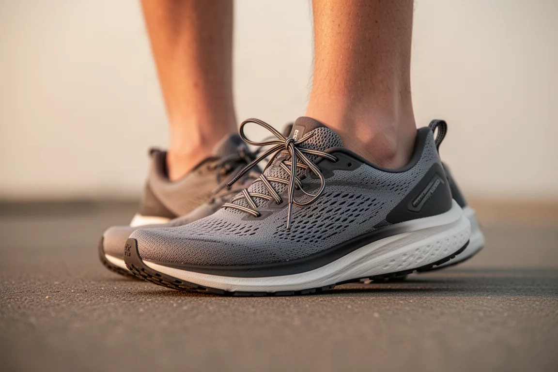 Hardloper die een carbon weg raceschoen strikt voor een training