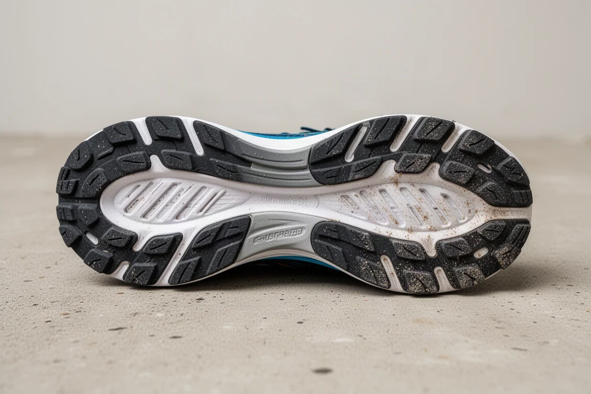 Loopzool van een hardloopschoen met schone slijtage na 25 miles