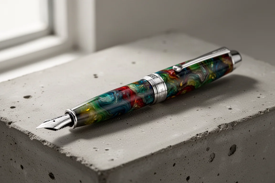 Custom multicolored resin fountain pen with sterling silver trim on concrete surface