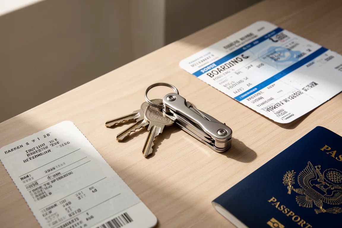Des clés et un petit multi-tool pliant posés sur un bureau à côté d'une carte d'embarquement