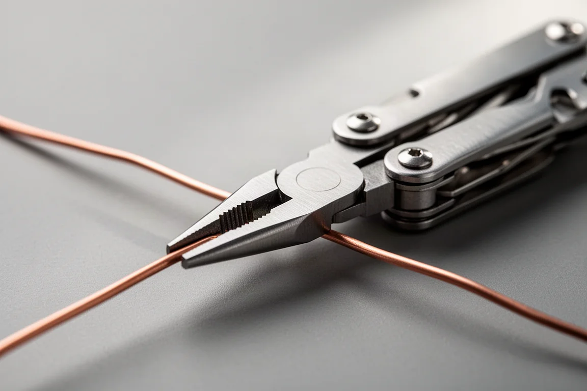 Gros plan sur la pince d'un petit multi-tool serrant un fin fil métallique