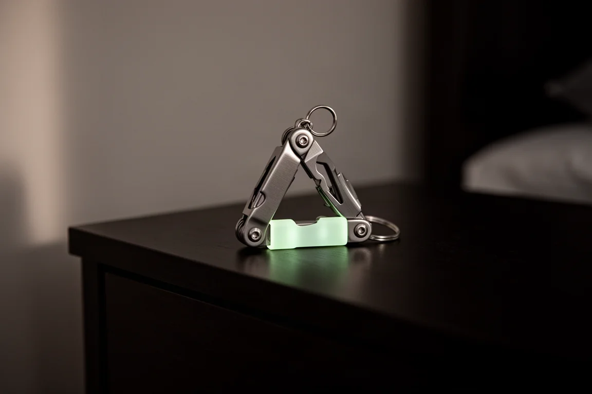 Petit multi-tool sur une table de chevet luisant faiblement dans une pièce sombre