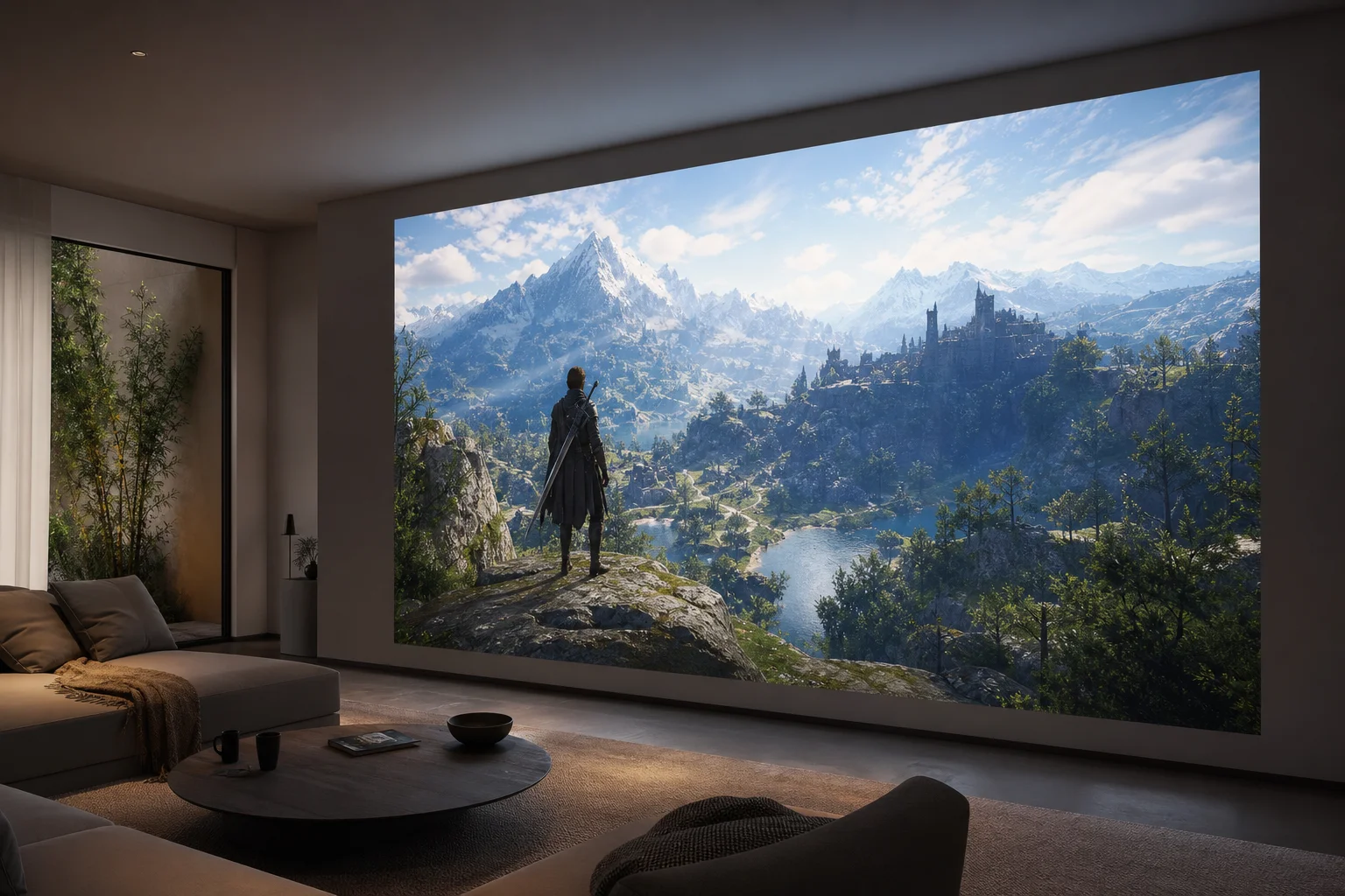 Scène de jeu HDR lumineuse affichée sur un écran de projection de 100 pouces dans une pièce éclairée