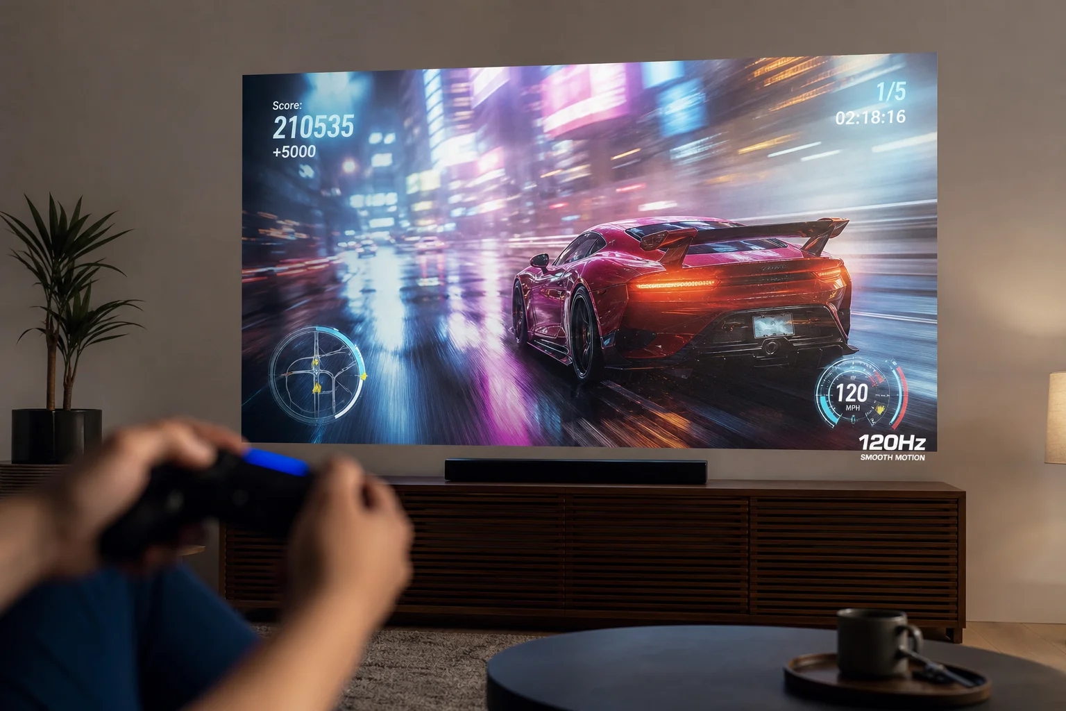 Jeu sur un grand écran de projection avec une manette au premier plan, montrant une fluidité de mouvement