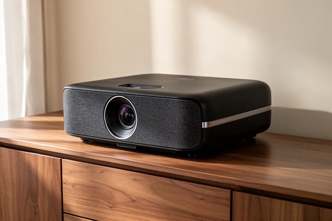 Flat-lay of spring sale tech products including a projector, robotic vacuum, dash cam, and smart plug