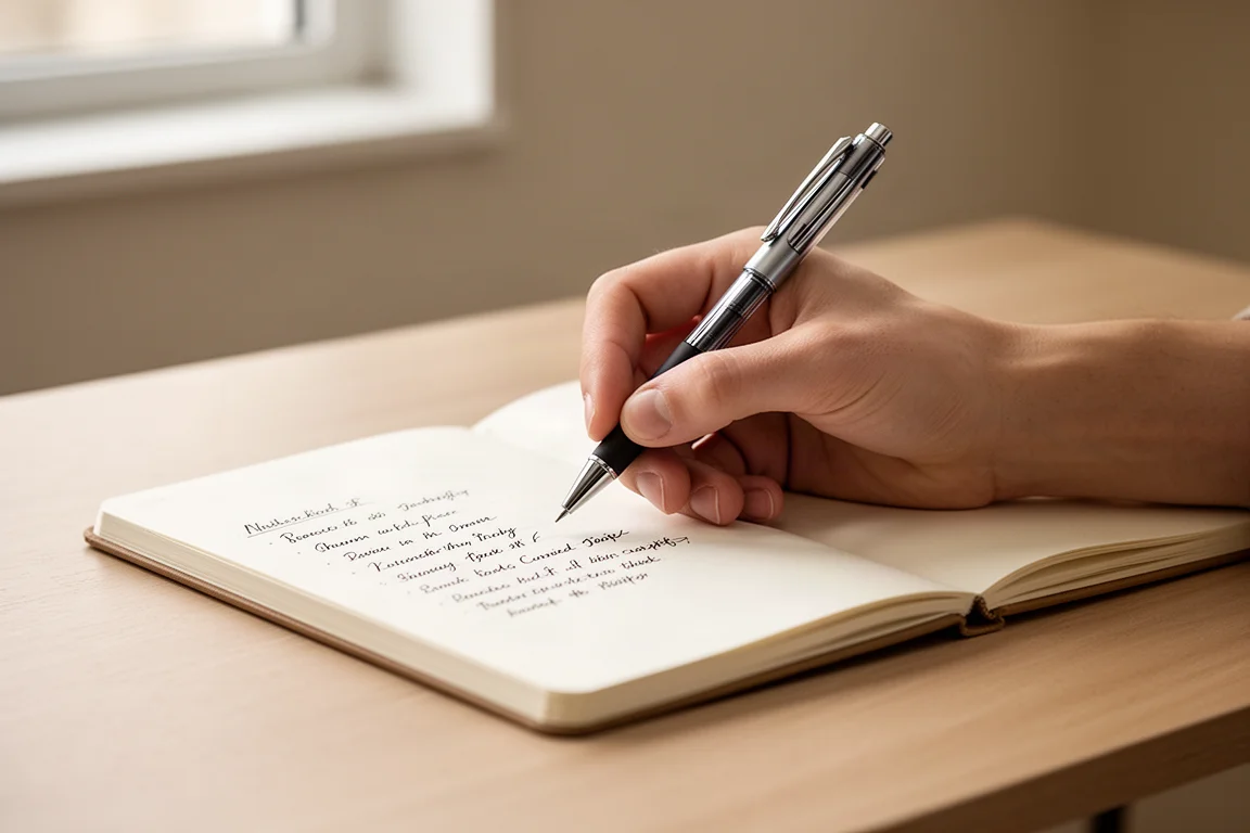 Mano che scrive appunti con una multipenna su un quaderno aperto in una luce soffusa