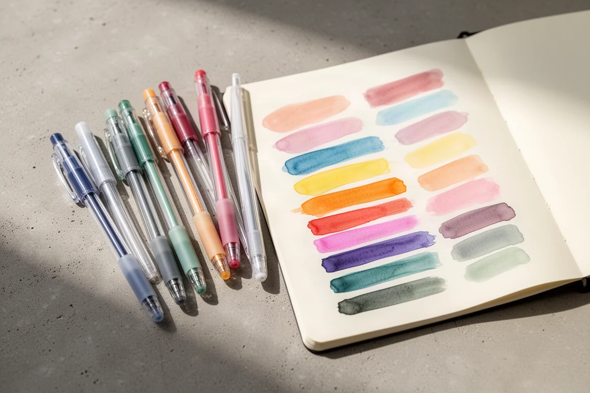 Penna gel in colori tenui disposte accanto a una pagina di campioni scritti a mano colorati
