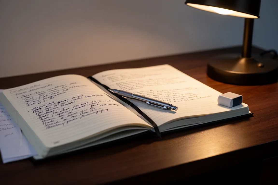 Scrivania da studio con quaderno, gomma e matita meccanica nella calda luce serale