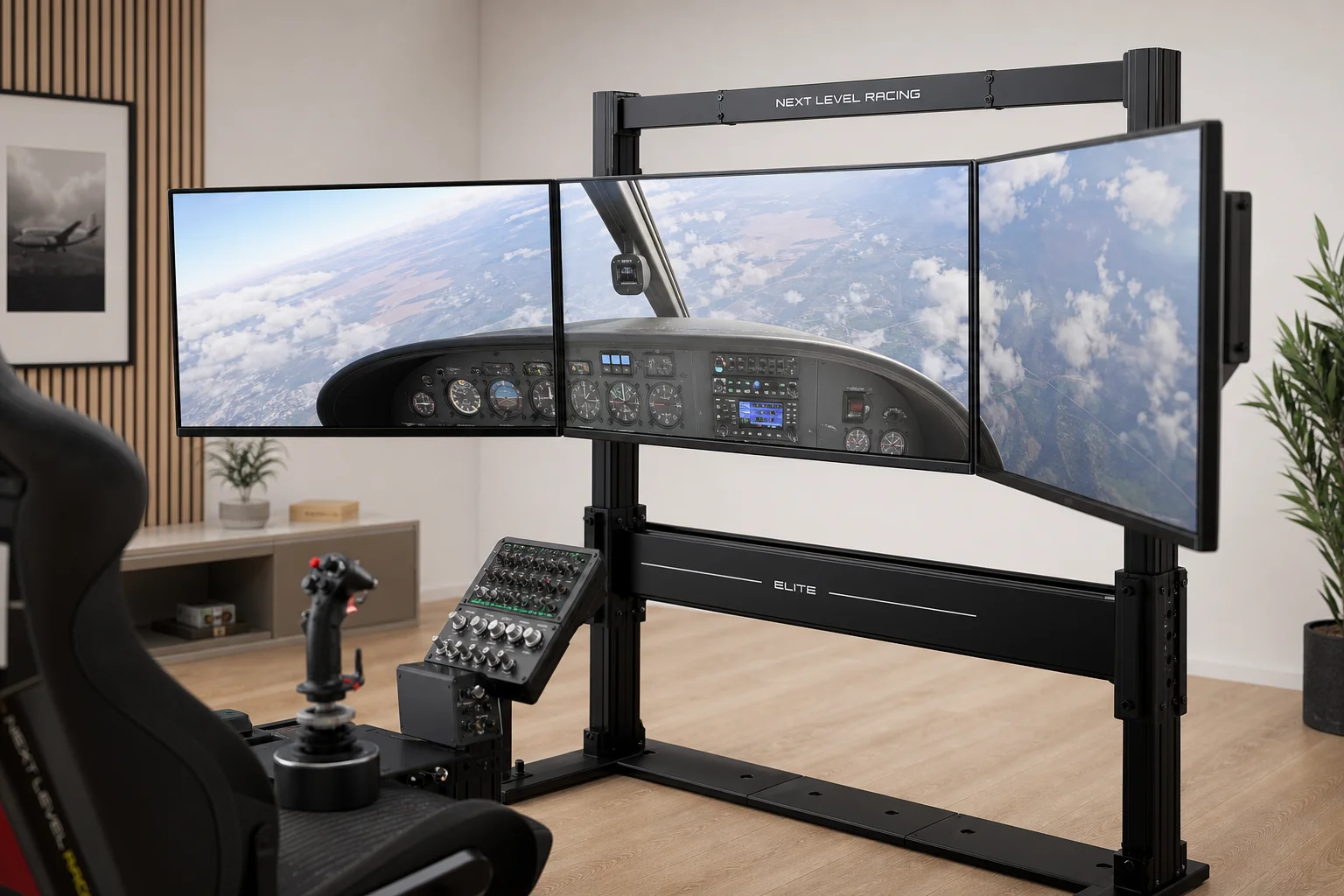 Cabina de simulador de vuelo profesional para el hogar con mando, aviónica, controles de aceleración y tres monitores