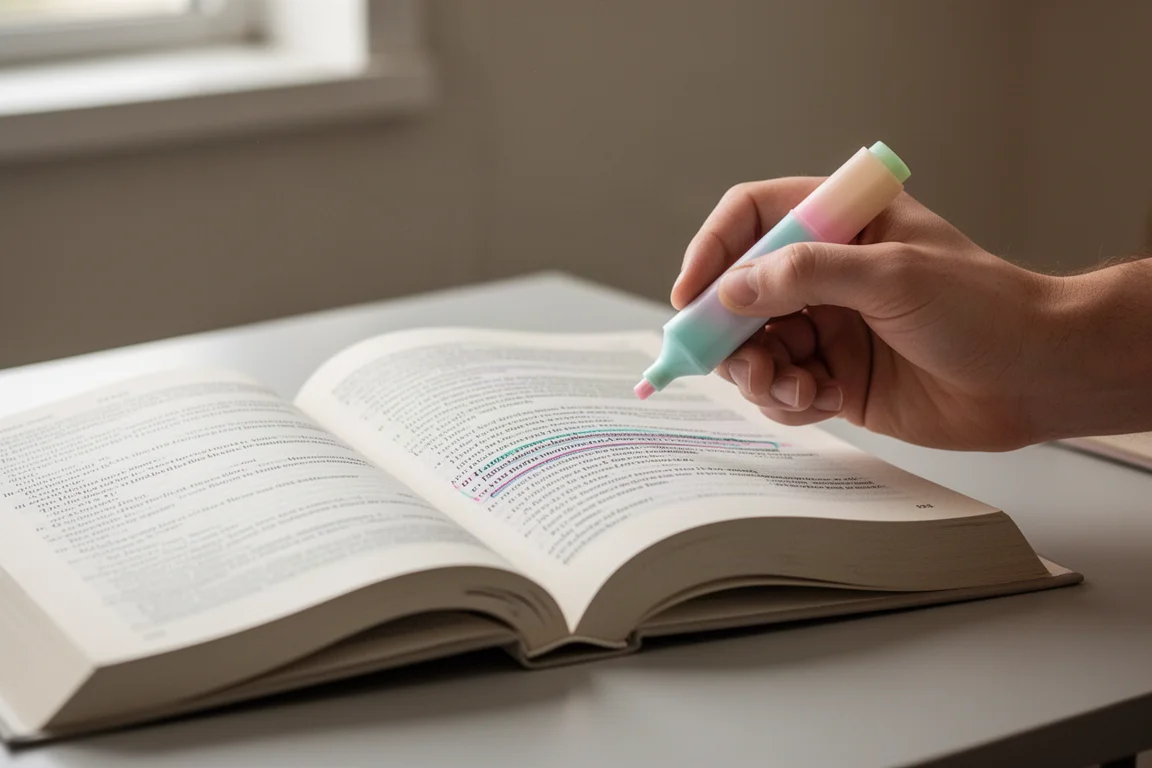 Student's desk with open textbook and pastel highlighters in soft daylight