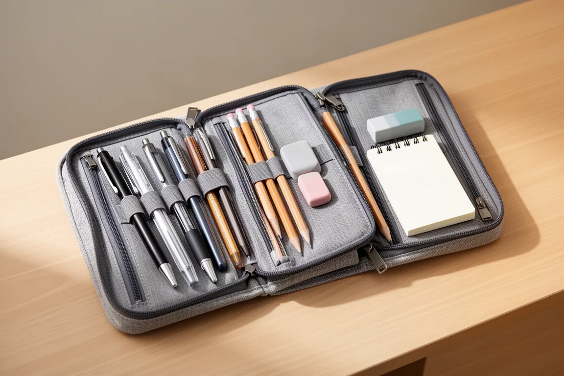 Packed pen case with pens, eraser, and mini notebook arranged on desk