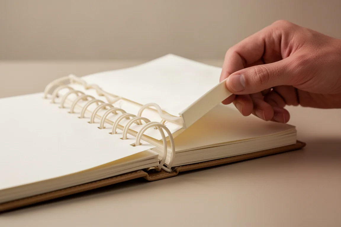 Ring notebook with hand flipping a page back over soft squishy rings
