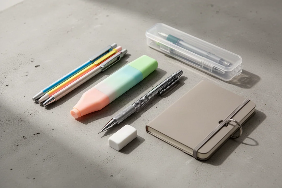 Collection of school stationery including pens, pencil, eraser, pen case, and notebook on concrete