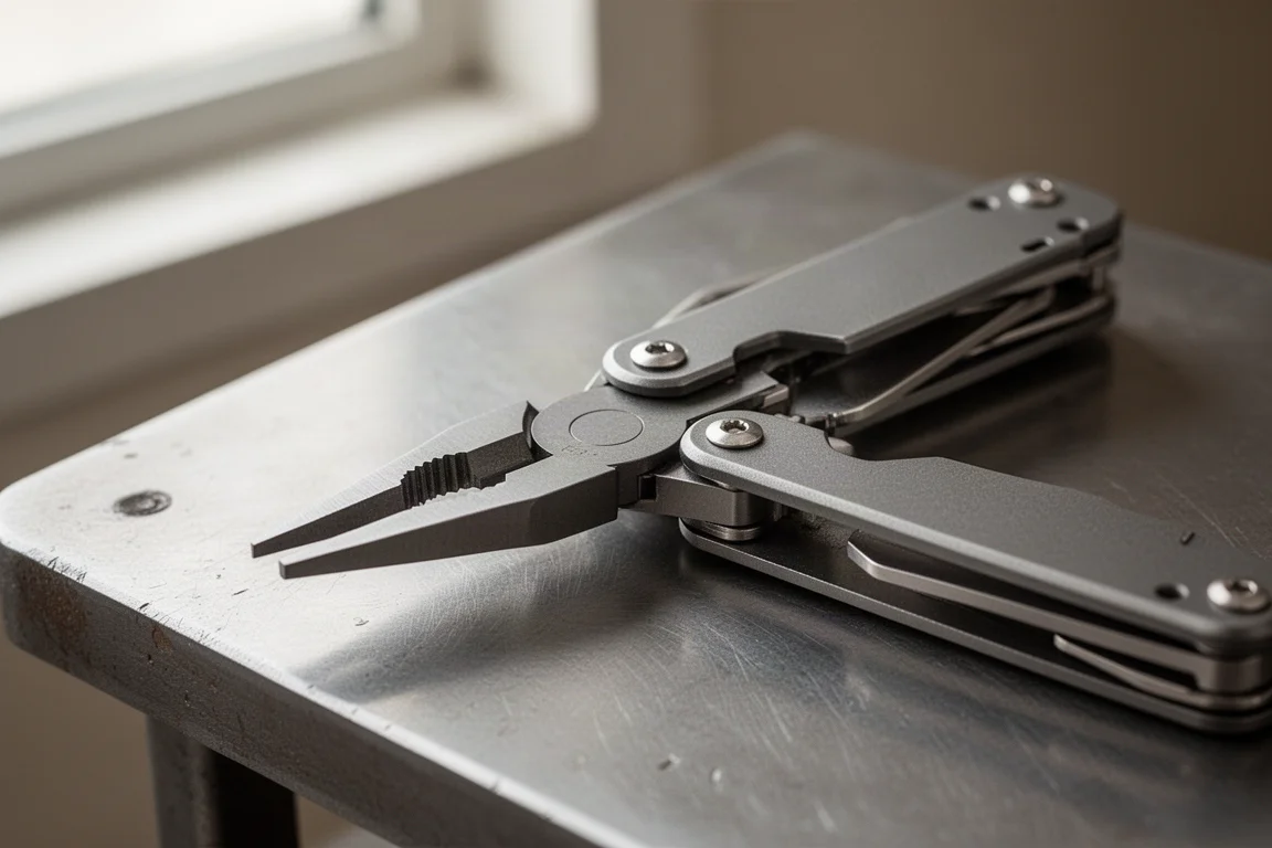 Kompaktes Klappmultitool geöffnet, mit detailliertem Blick auf den Zangenkopf