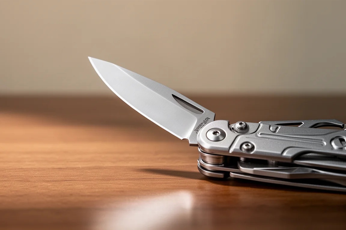Klingenkante eines Multitools fängt weiches Licht auf einem Holzschreibtisch