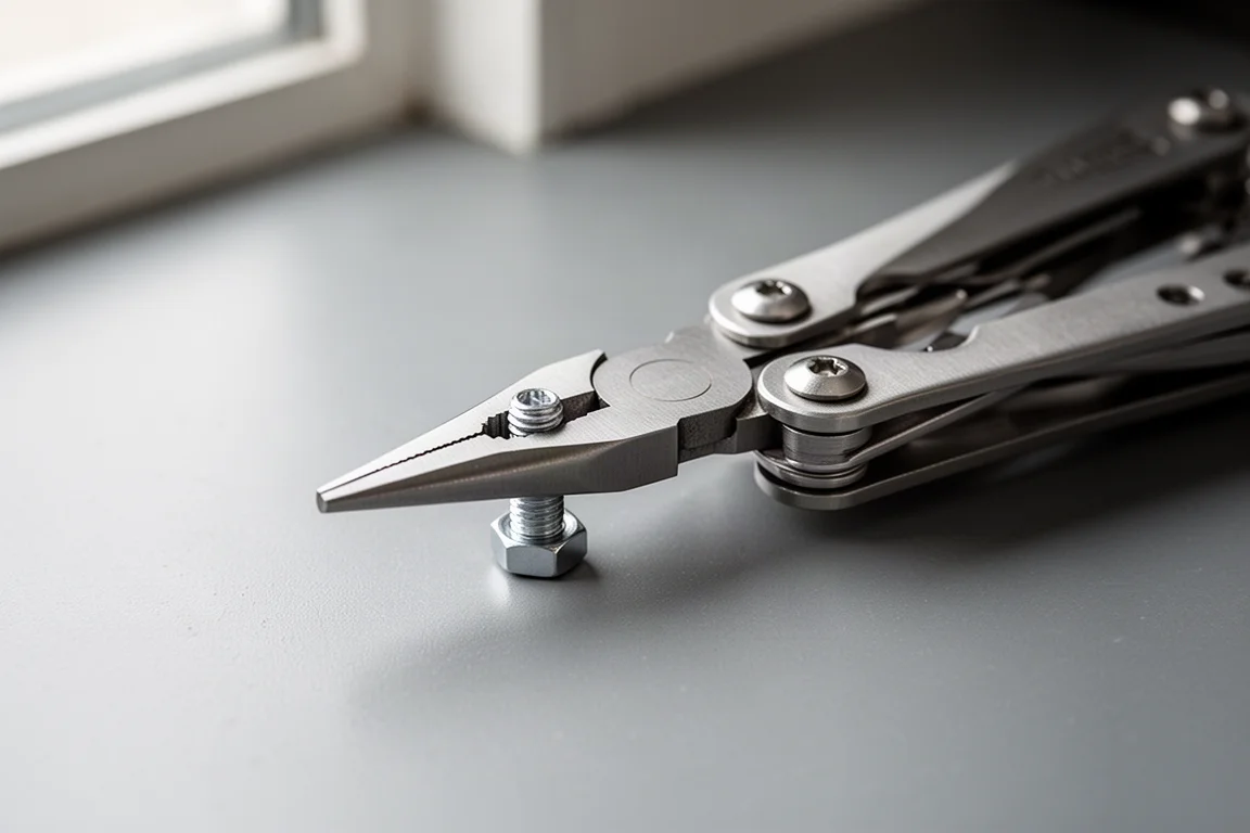 Folded multi-tool with adjustable wrench jaw on a concrete workbench