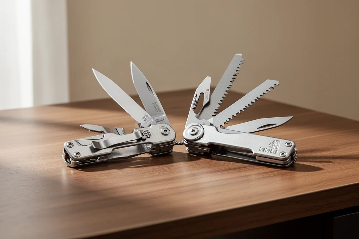 Multi-tool blade open with liner lock exposed on a dark surface