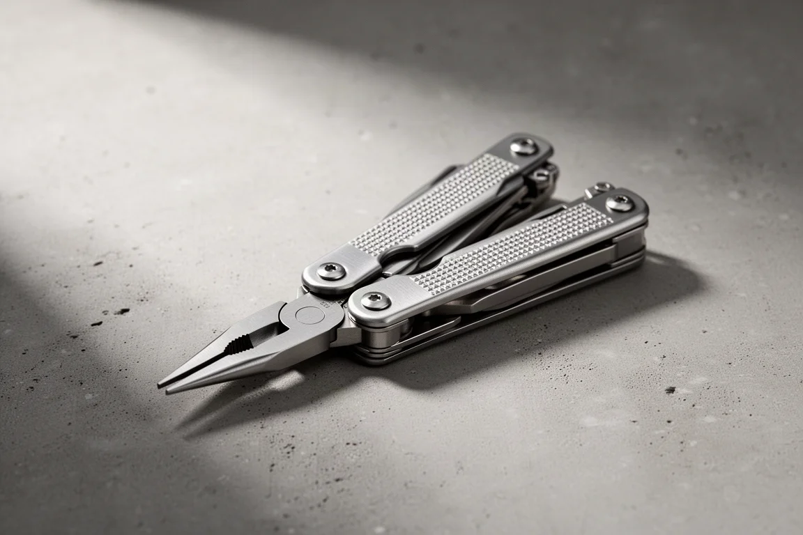 Folded stainless steel multi-tool with adjustable wrench jaw on a concrete surface