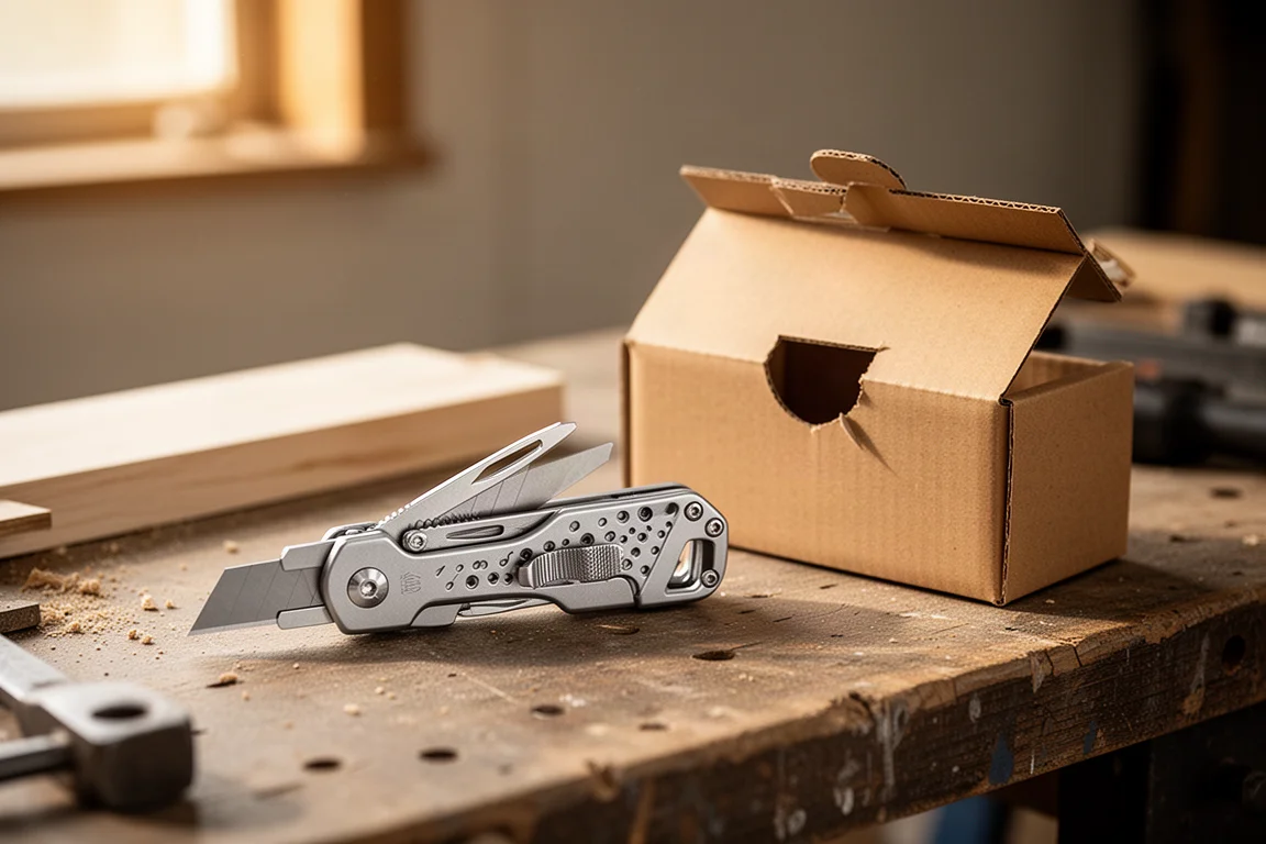 Compact utility knife on a workshop bench beside opened cardboard packaging