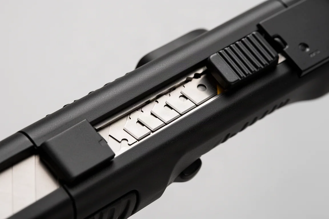 Close-up of a utility knife blade door open revealing an internal blade magazine