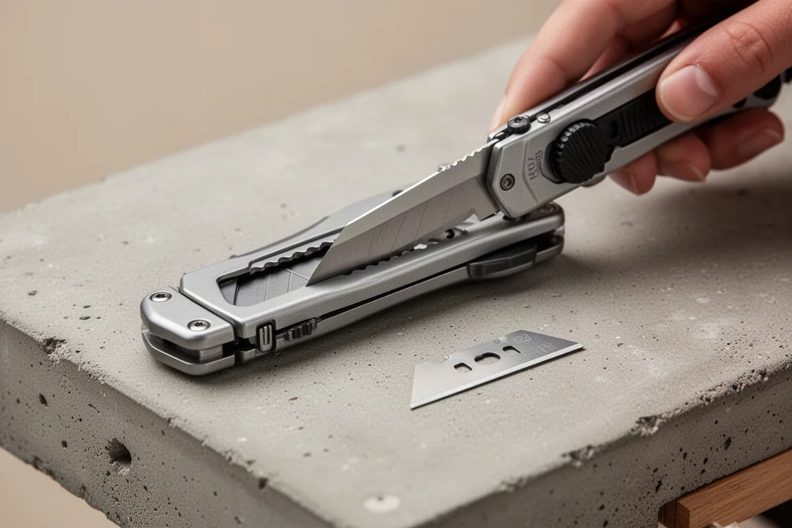 Hand swapping a dull blade from a utility knife slider over a workbench