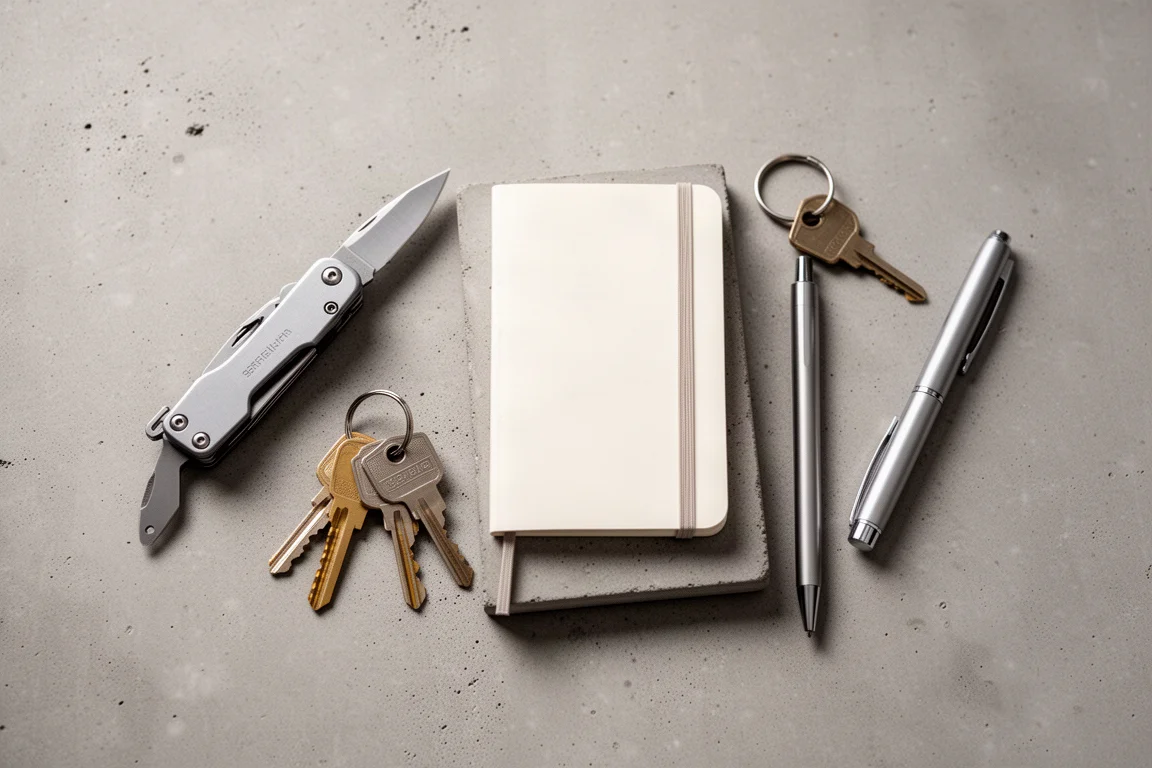 Everyday carry flat-lay with compact utility knife, keys, and notebook on concrete