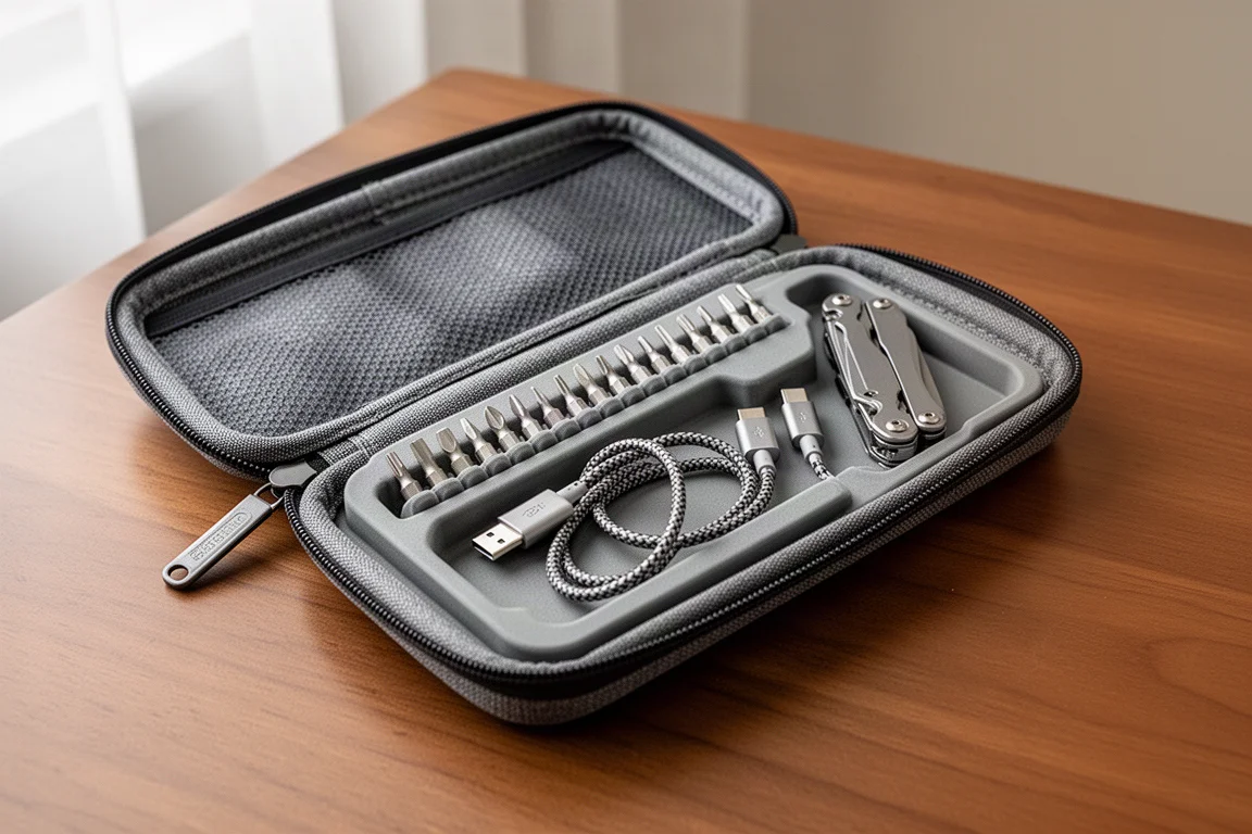 Open multi-tool case showing bits and a USB Type-C charging cable