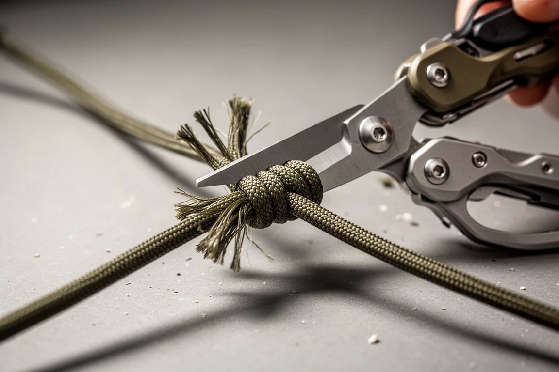 Close-up of a multi-tool scissor cutting through paracord strands