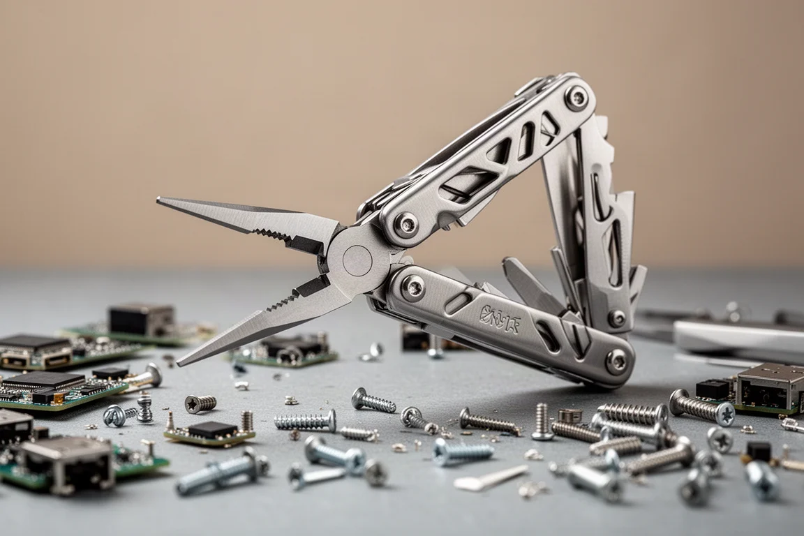 Multi-tool with pliers extended being held over a workbench
