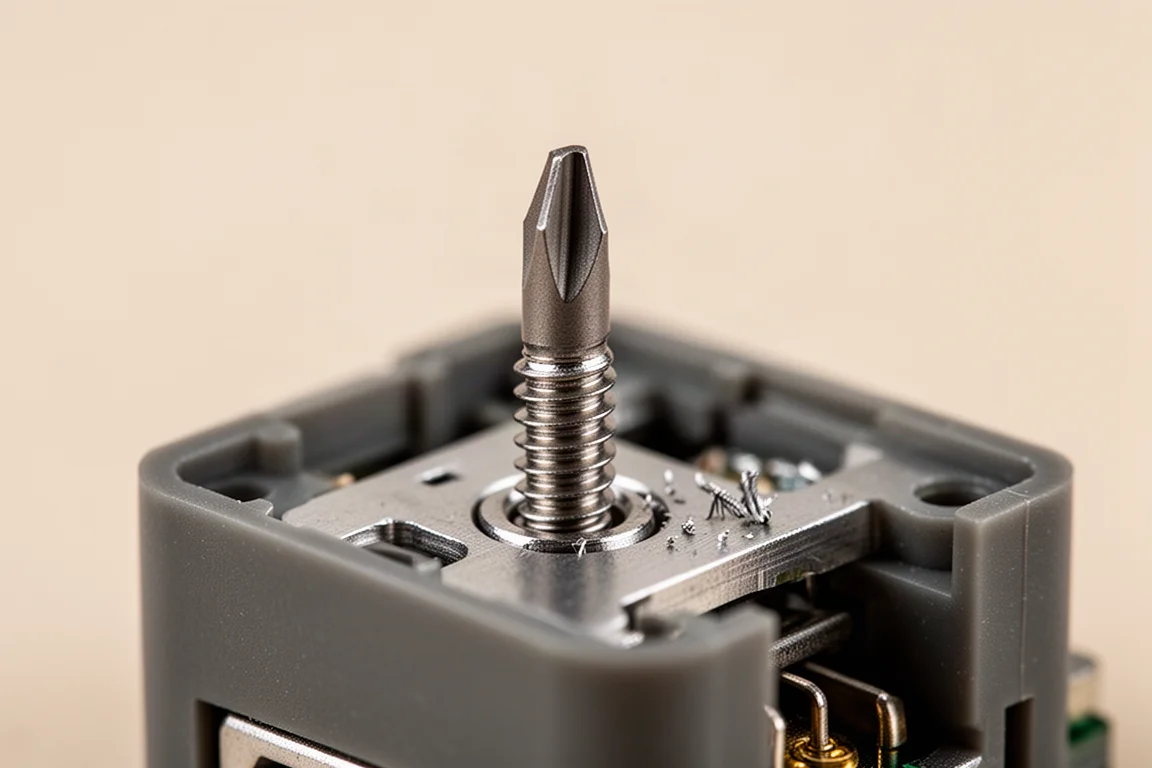 Electronic screwdriver driver bit engaged with a small machine screw