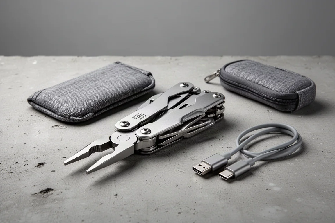 Elektryczny multitool Nextool z wysuniętymi szczypcami obok etui i kabla do ładowania