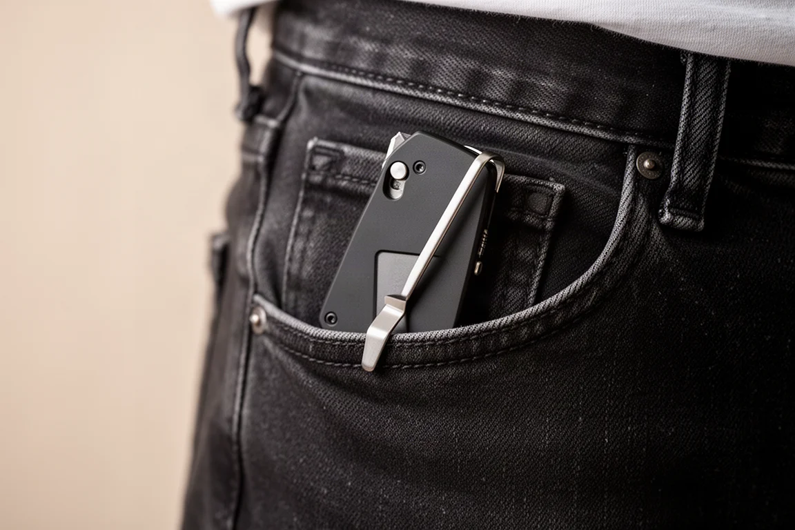 Couteau de chantier glissé dans la poche d'un jean avec l'agrafe de poche visible