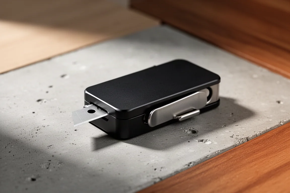 Black anodized aluminum utility knife multi-tool on a concrete surface