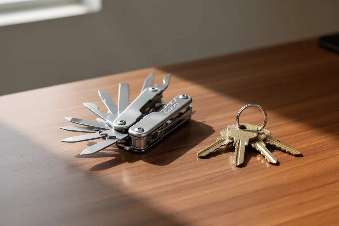 Compacte gevouwen multitool geopend naast een sleutelbos op een houten bureau