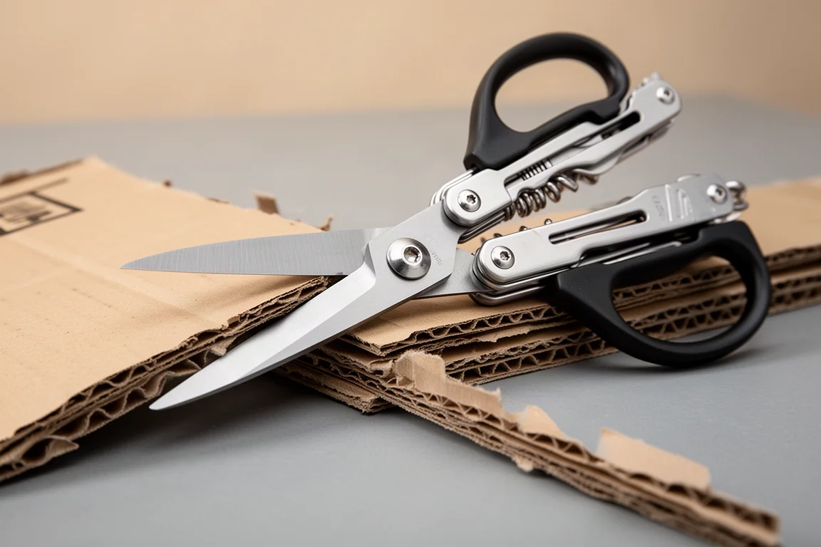 Close-up van de grote scharen met veer op een kleine multitool die verpakkingsmateriaal doorsnijdt