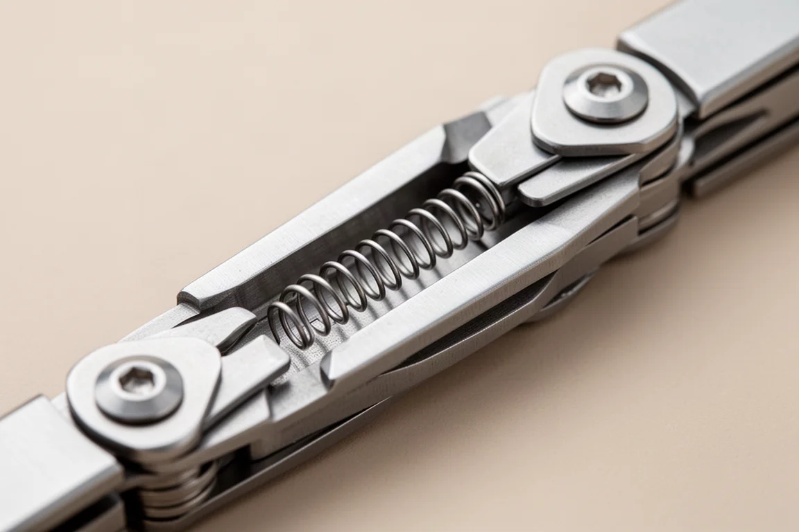 Gedetailleerde weergave van de kleine span veren in het frame van een gevouwen multitool