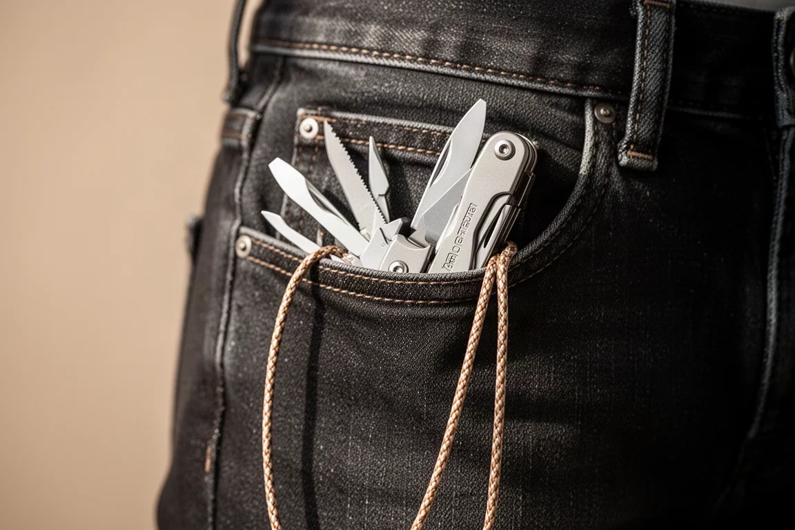 Multitool opgeborgen in een zakhorlogezakje met een klein koordje eraan vastgemaakt