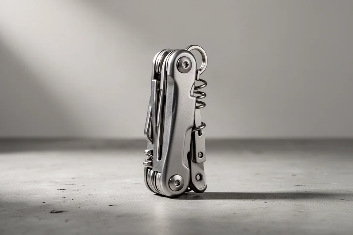 Compact multi-tool pieghevole in acciaio inox in piedi su una superficie di cemento