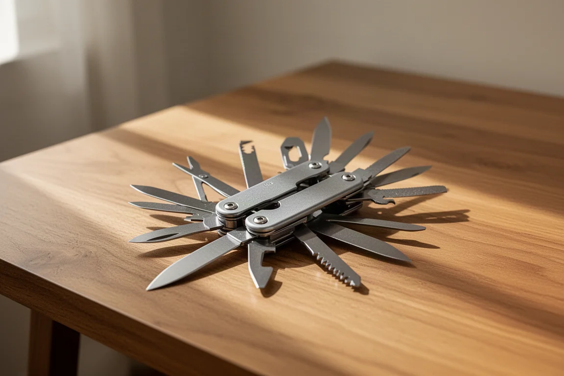 Compact pocket multi-tool opened on a wooden desk showing blade and tools